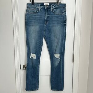 FRAME Le Beau Cleo Rips Distressed Straight Leg Jeans Blue Size 27 LBU0467